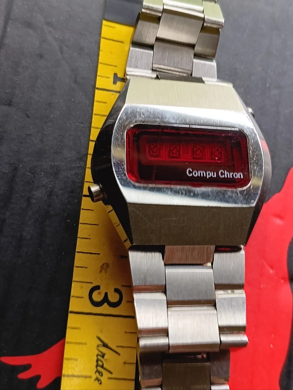 Vintage Compu Chron Stainless Steel LED Digital Watch - Silver with Red Display